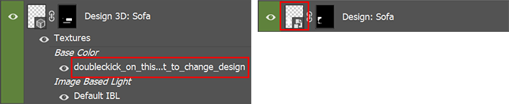 Photoshop 3D Materials panel showing where to click between Base Color and Default IBL to open design layer