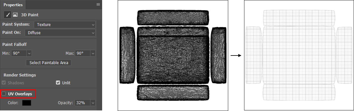 Photoshop Properties panel with UV Overlays checkbox - uncheck to hide mesh lines