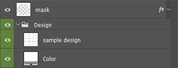 Photoshop Layers panel showing Design folder structure with sample design and Color layer for 3D mockups