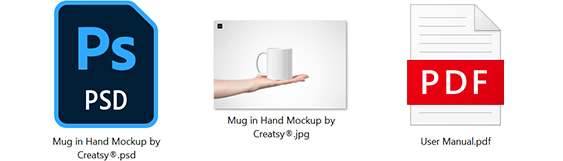 Mockup download contents: PSD source file, JPG preview, and PDF user manual