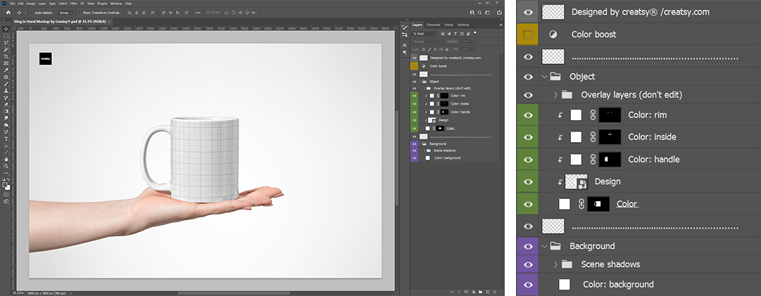 Photoshop layers panel showing mockup structure with color-coded groups: yellow for effects, green for Smart Objects and colors, violet for background