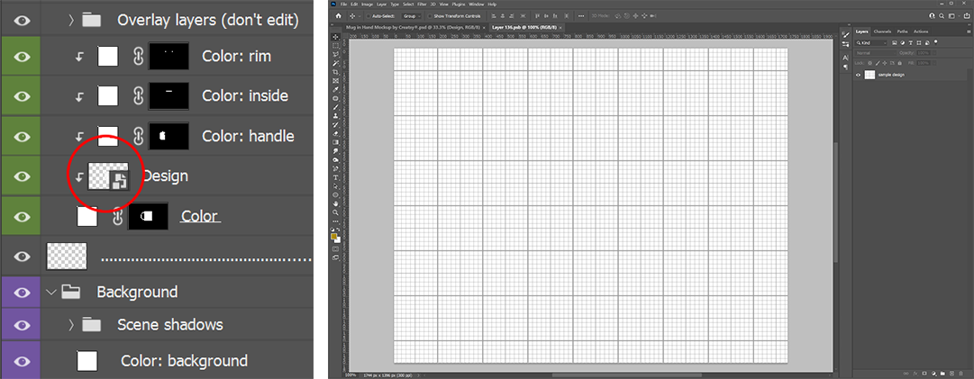 Smart Object opened in new Photoshop window (PSB file) showing graph paper placeholder design ready for replacement