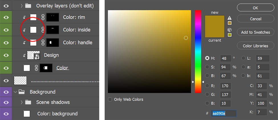 Photoshop Color Picker dialog for changing mug color via Color Fill layer - selecting custom product color