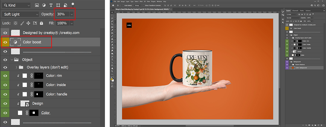 Final mockup result - mug with custom Christmas design and adjusted colors applied, ready for export